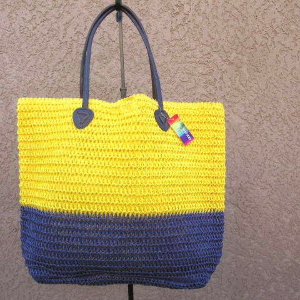 Purple & Yellow Straw Shopper Beach Bag Tote Gym